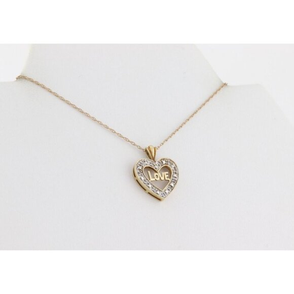 10K Yellow Gold Diamond Love Heart Heart Necklace 18" Chain - Picture 3 of 8